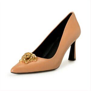 NIB Versace Women's Gold Medusa 100% Leather Heeled Pumps Shoes US 7.5 IT 37.5